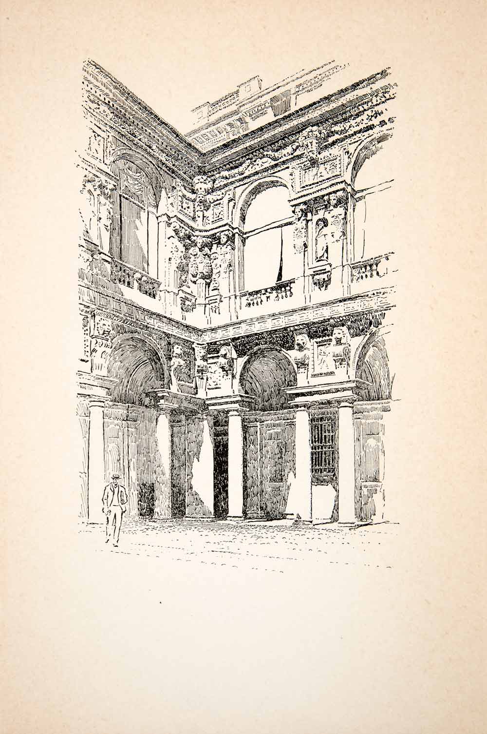 1907 Lithograph Palazzo Marino Courtyard Milan Italy Architecture Peixotto XGBB7
