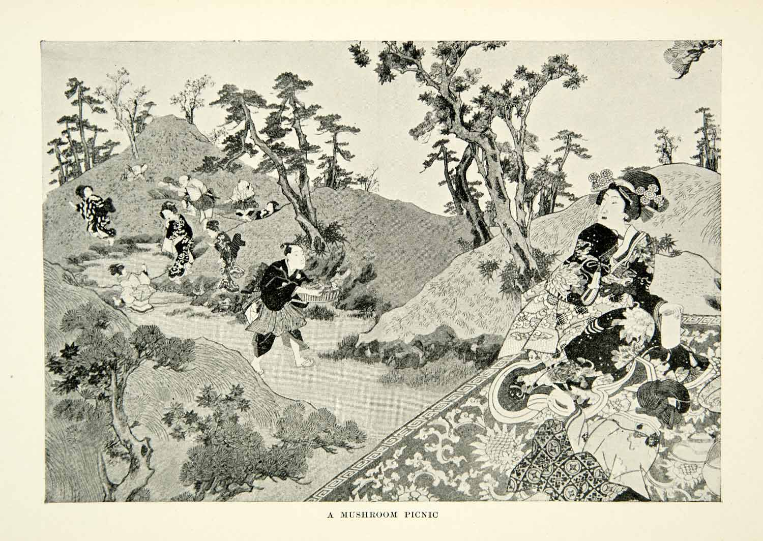 1899 Print Japanese Traditional Mushroom Picnic Landscape Eat Picking XGBD8