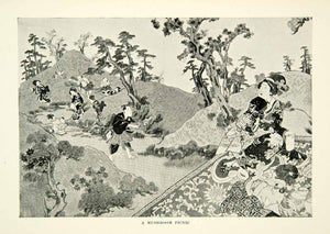 1899 Print Japanese Traditional Mushroom Picnic Landscape Eat Picking XGBD8