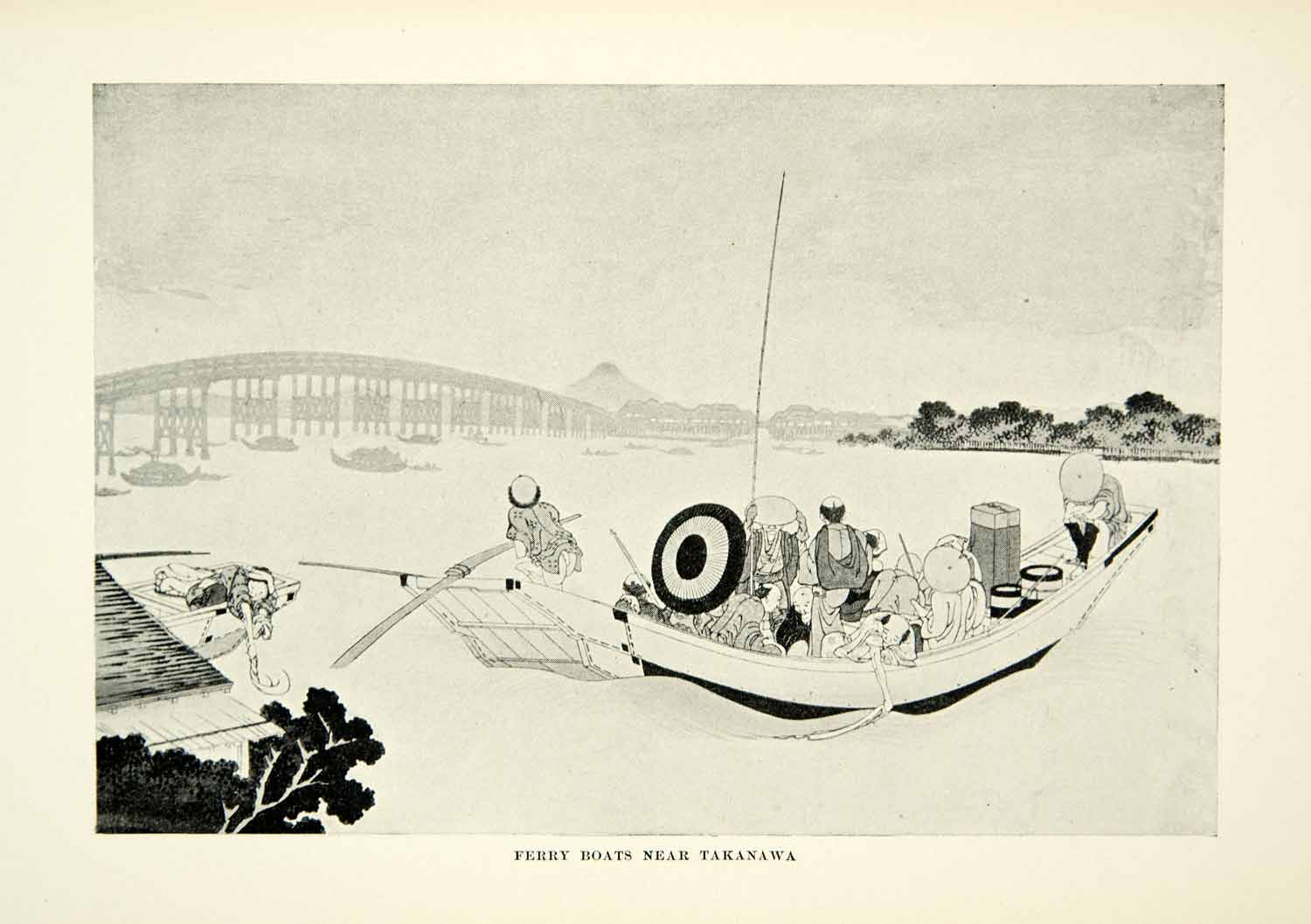 1899 Print Ferry Boats Takanawa Japan Travel River Ocean Bridge Figures XGBD8