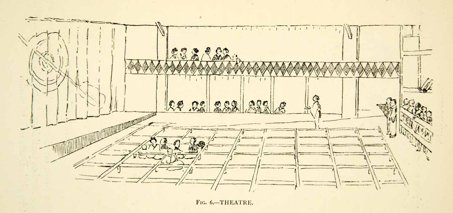 1889 Print Theater Japanese Performance Traditional Stage Spectators Asian XGBD9