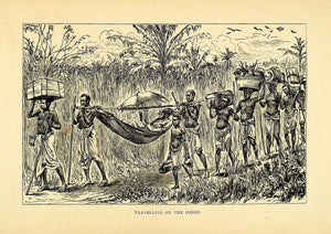 1900 Wood Engraving Congo Africa Natives Carry White Man Travel XGC4