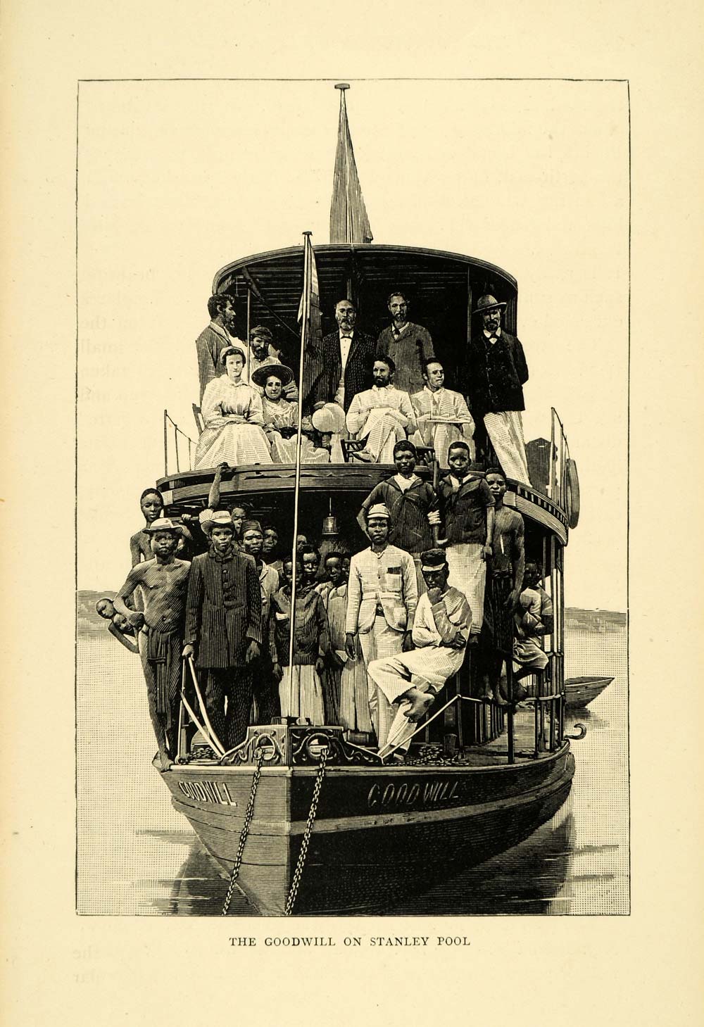 1900 Wood Engraving Goodwill Ship Stanley Pool Congo Africa Indigenous XGC4