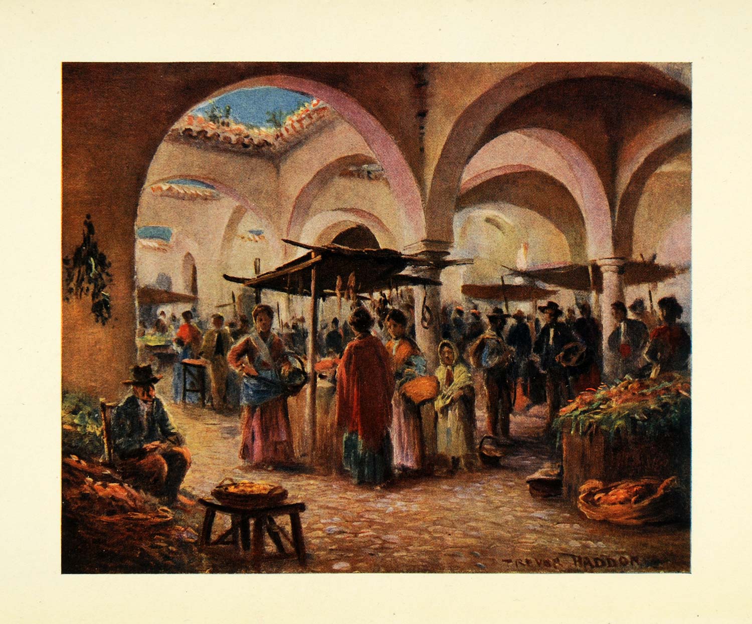 1908 Print Trevor Haddon Art Ronda Spain Marketplace Produce Vendors XGC5
