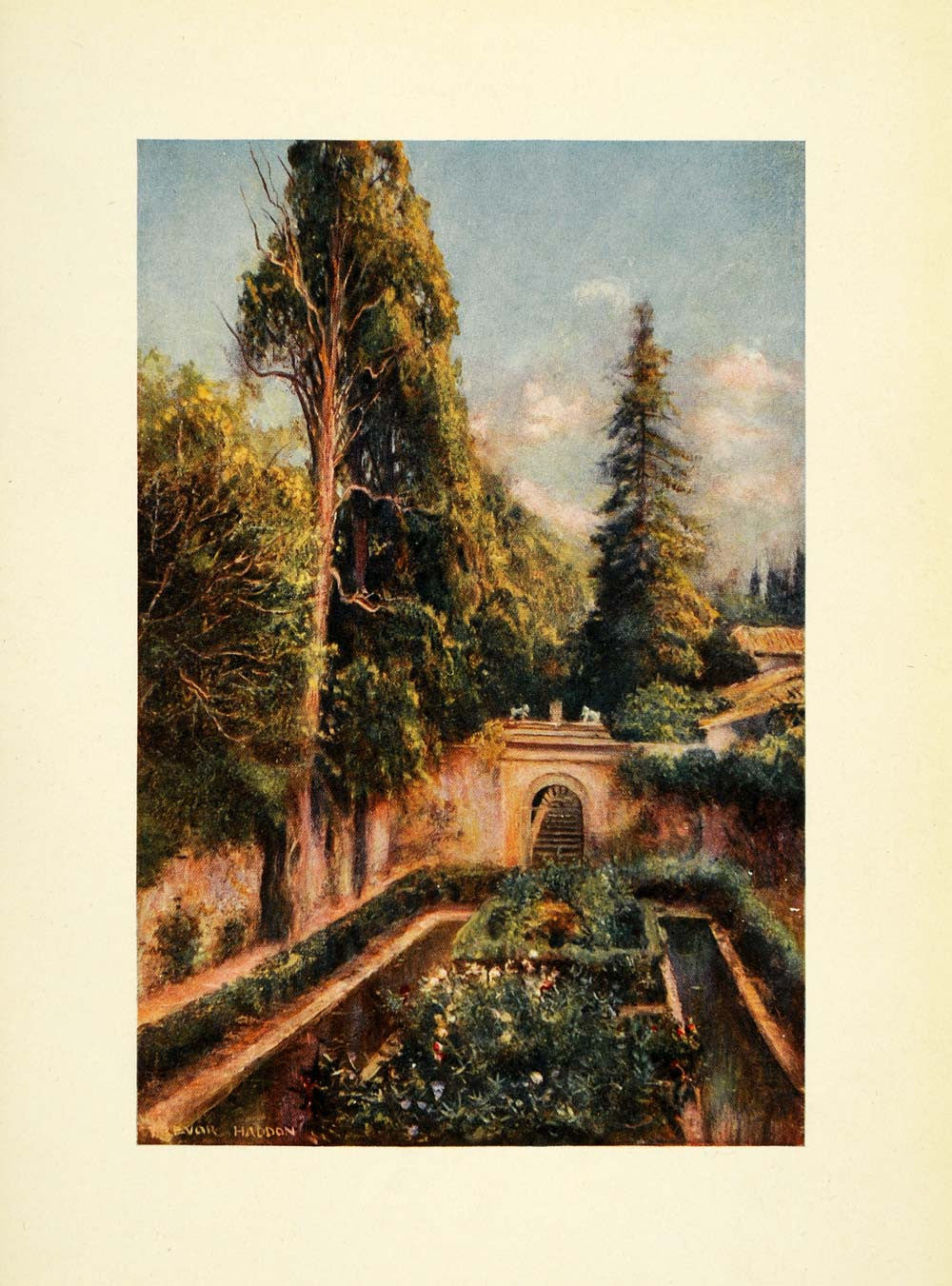 1908 Print Trevor Haddon Artwork Granada Spain Generalife Cypress Court XGC5