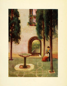 1908 Print Trevor Haddon Art Granada Spain Cypress Courtyard Bird Bath XGC5