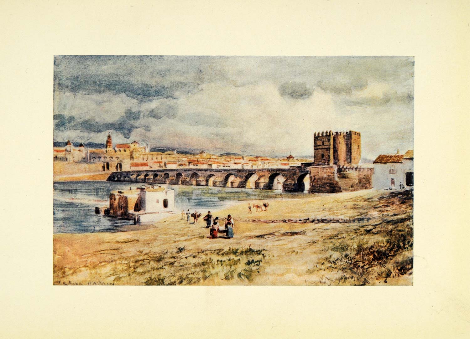 1908 Print Trevor Haddon Artwork Cordova Spain Historic Roman Bridge XGC5