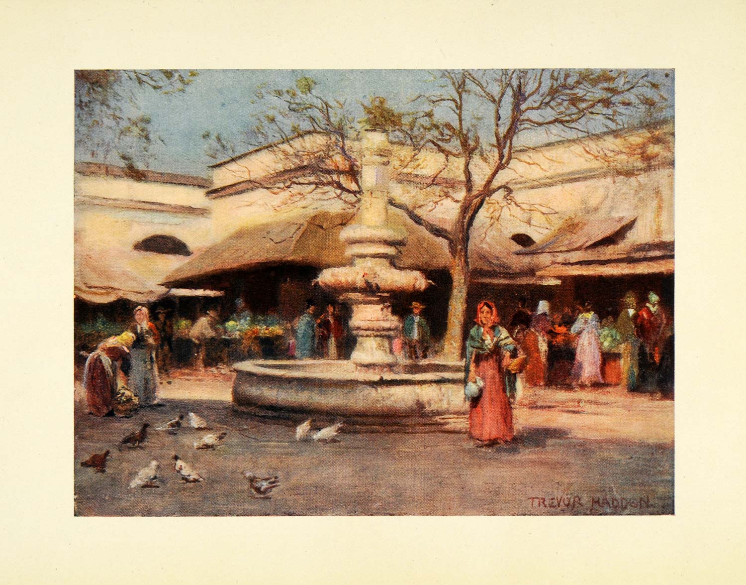 1908 Print Trevor Haddon Art Seville Spain Marketplace Courtyard Fountain XGC5