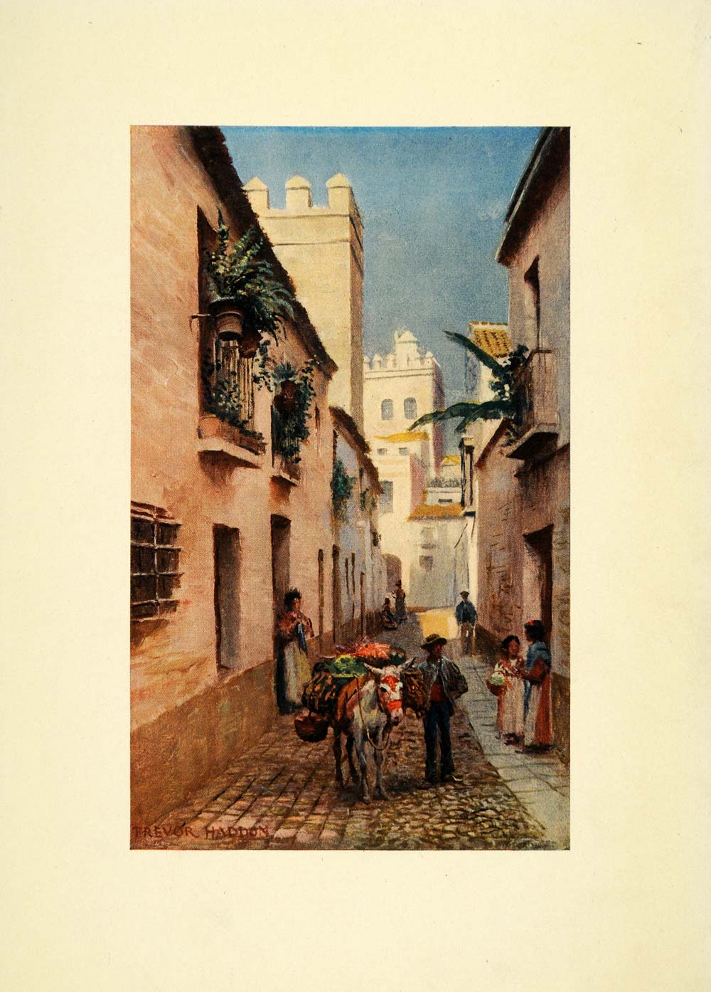 1908 Print Trevor Haddon Art Seville Spain Cobblestone Street View Pack XGC5