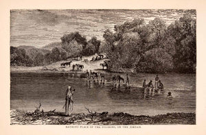 1875 Wood Engraving Jordan River Bathing Pilgrims Elisha Elijah Namaan XGCA1