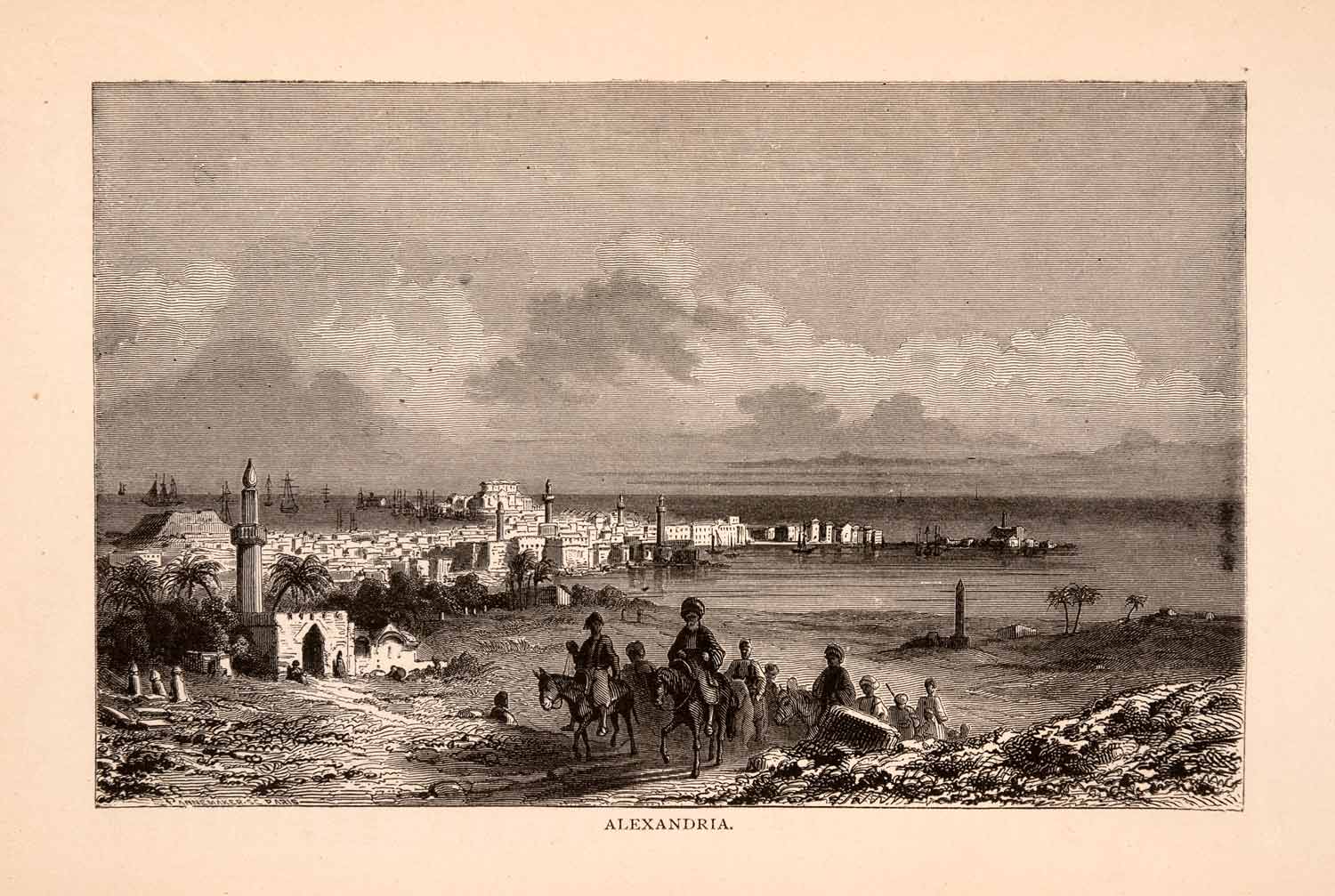 1875 Wood Engraving Alexandria Port City Egypt Minarets Africa Mosques XGCA1