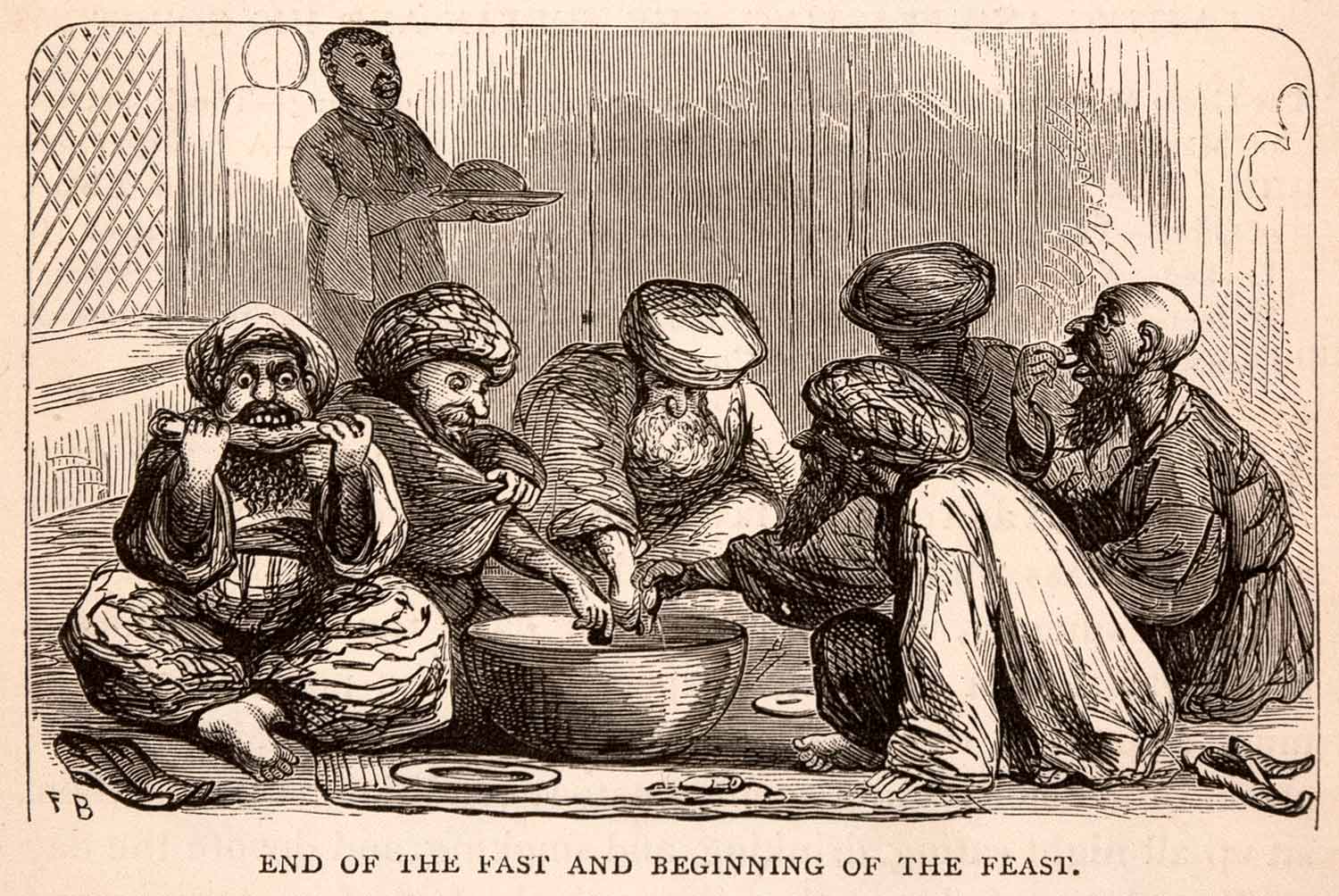 1875 Wood Engraving Ramadan Fast Feast Turkish Turkey Muslim Islam Food XGCA1