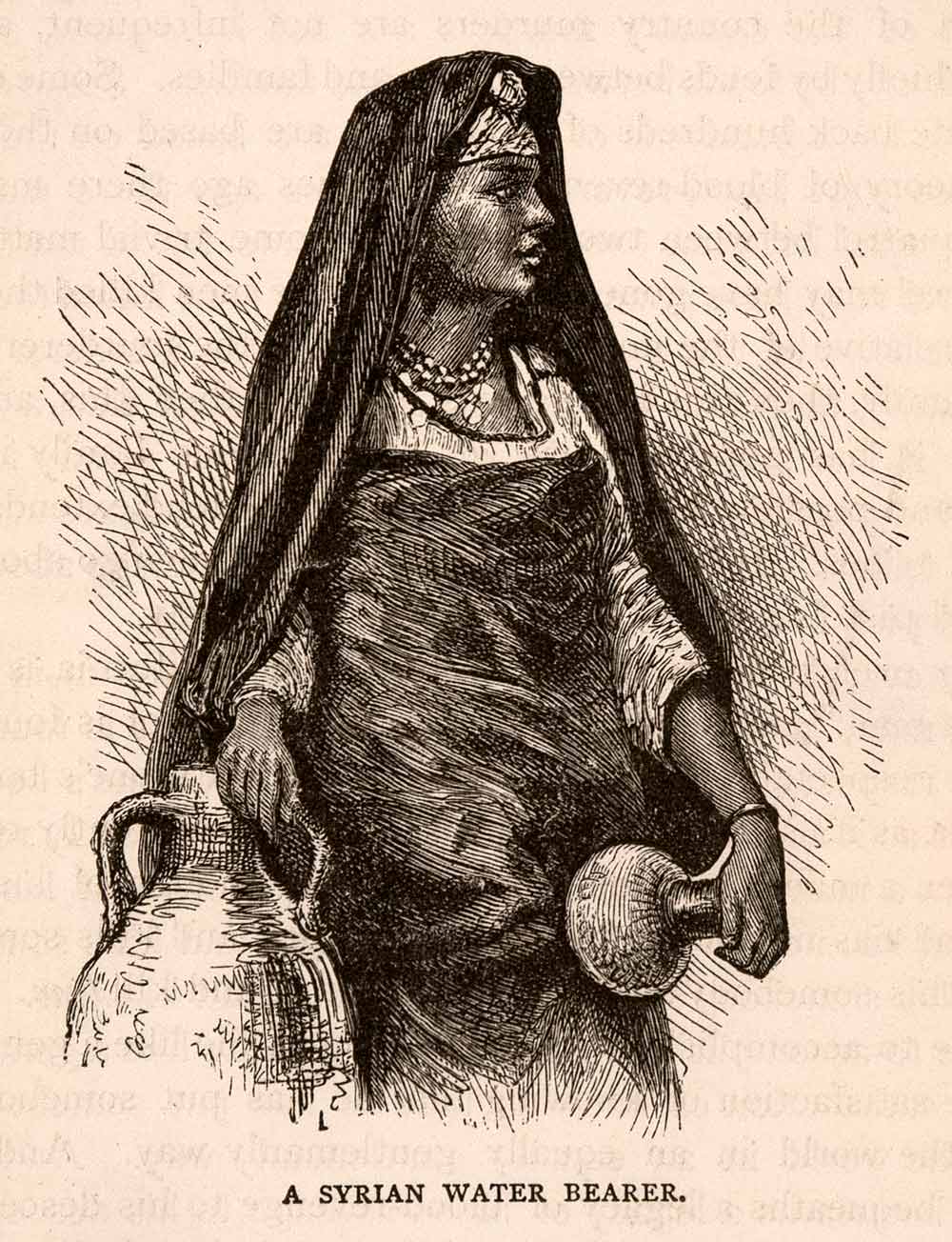 1875 Wood Engraving Syrian Woman Water Bearer Middle East Damascus Servant XGCA1