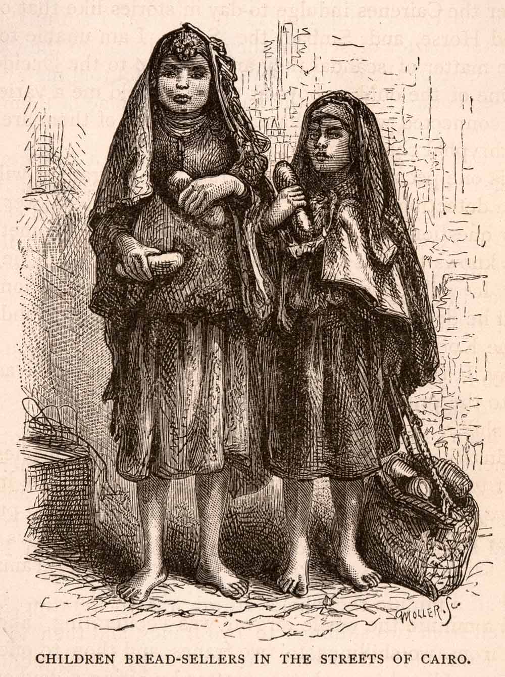 1875 Wood Engraving Bread Sellers Girls Streets Cairo Egypt Africa XGCA1