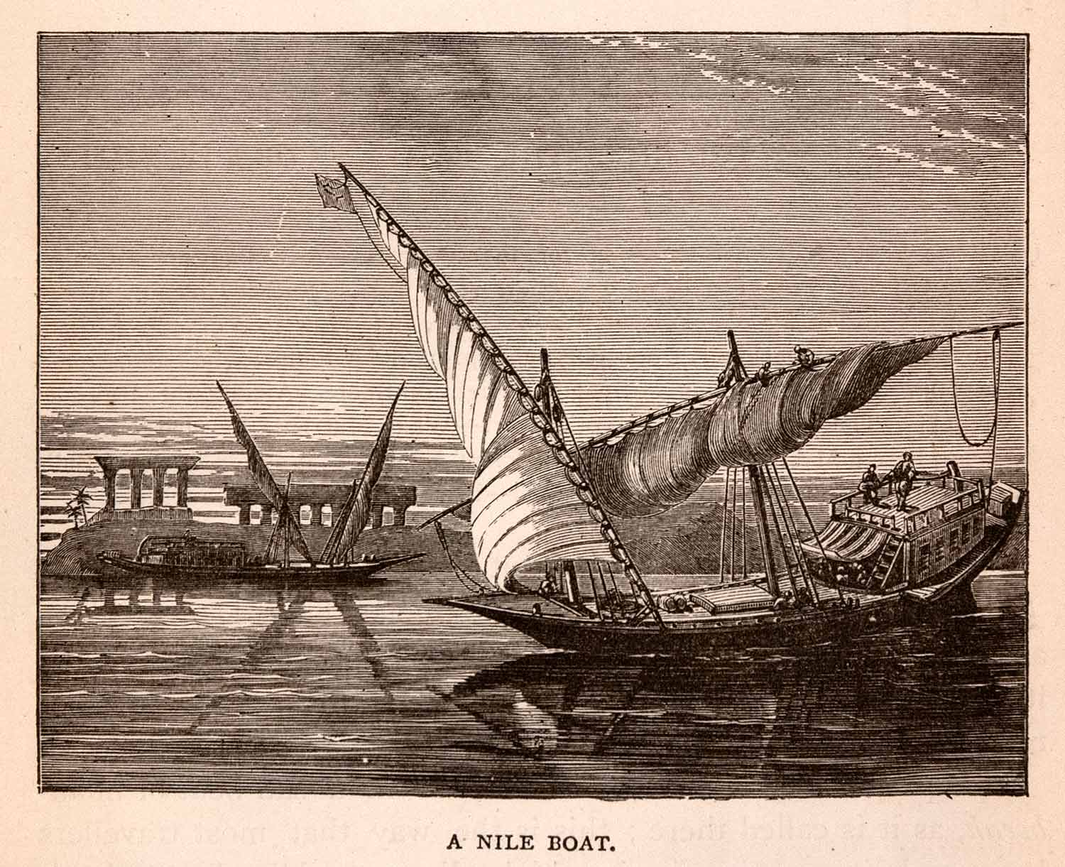 1875 Wood Engraving Felucca Nile River Egypt Africa Luxor Ruins Delta XGCA1