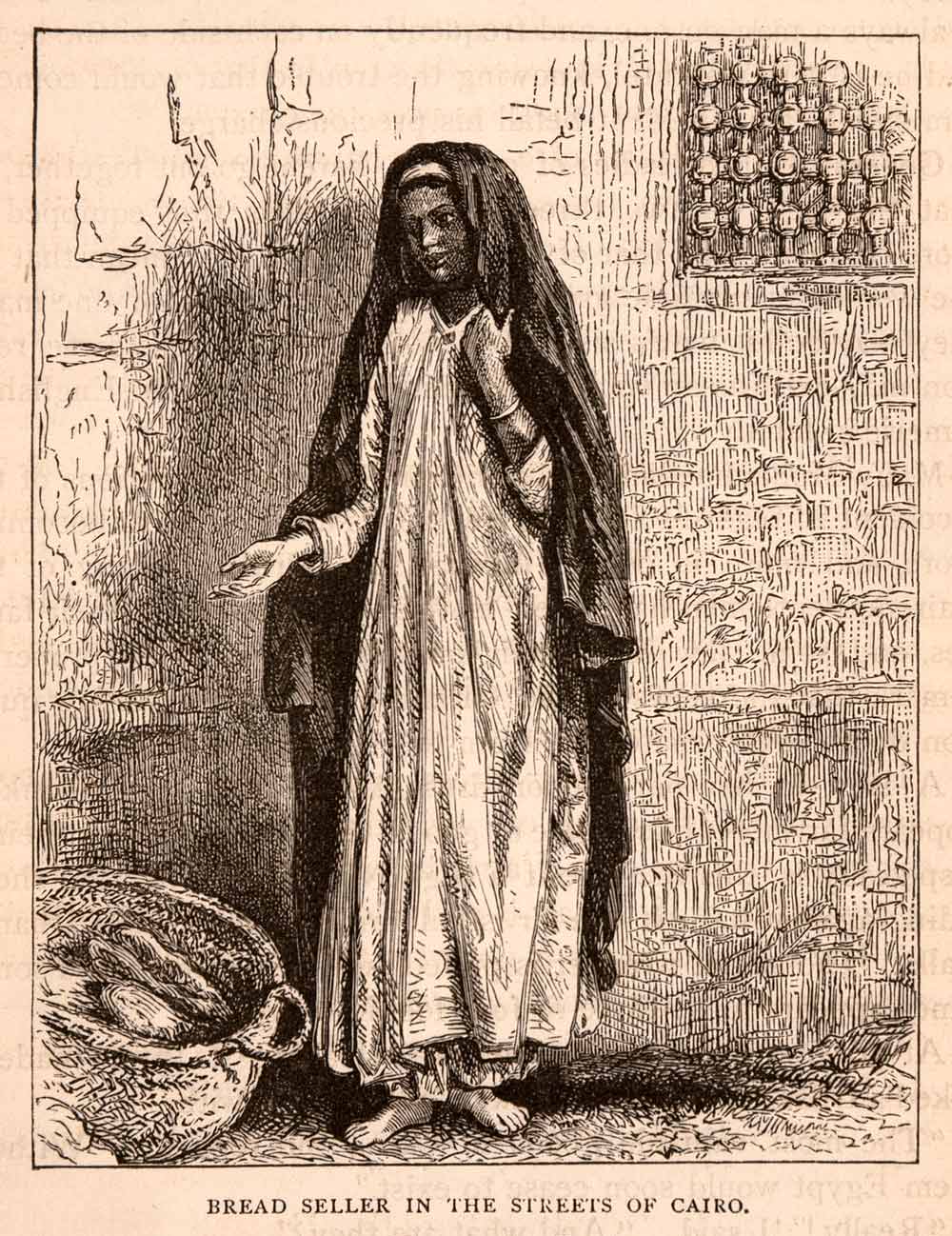 1875 Wood Engraving Bread Sellers Woman Streets Cairo Egypt Africa XGCA1