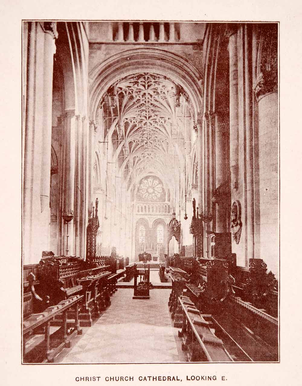 1900 Print Christ Church Cathedral Fan Vault Rose Pews Oxford Gothic XGCA4