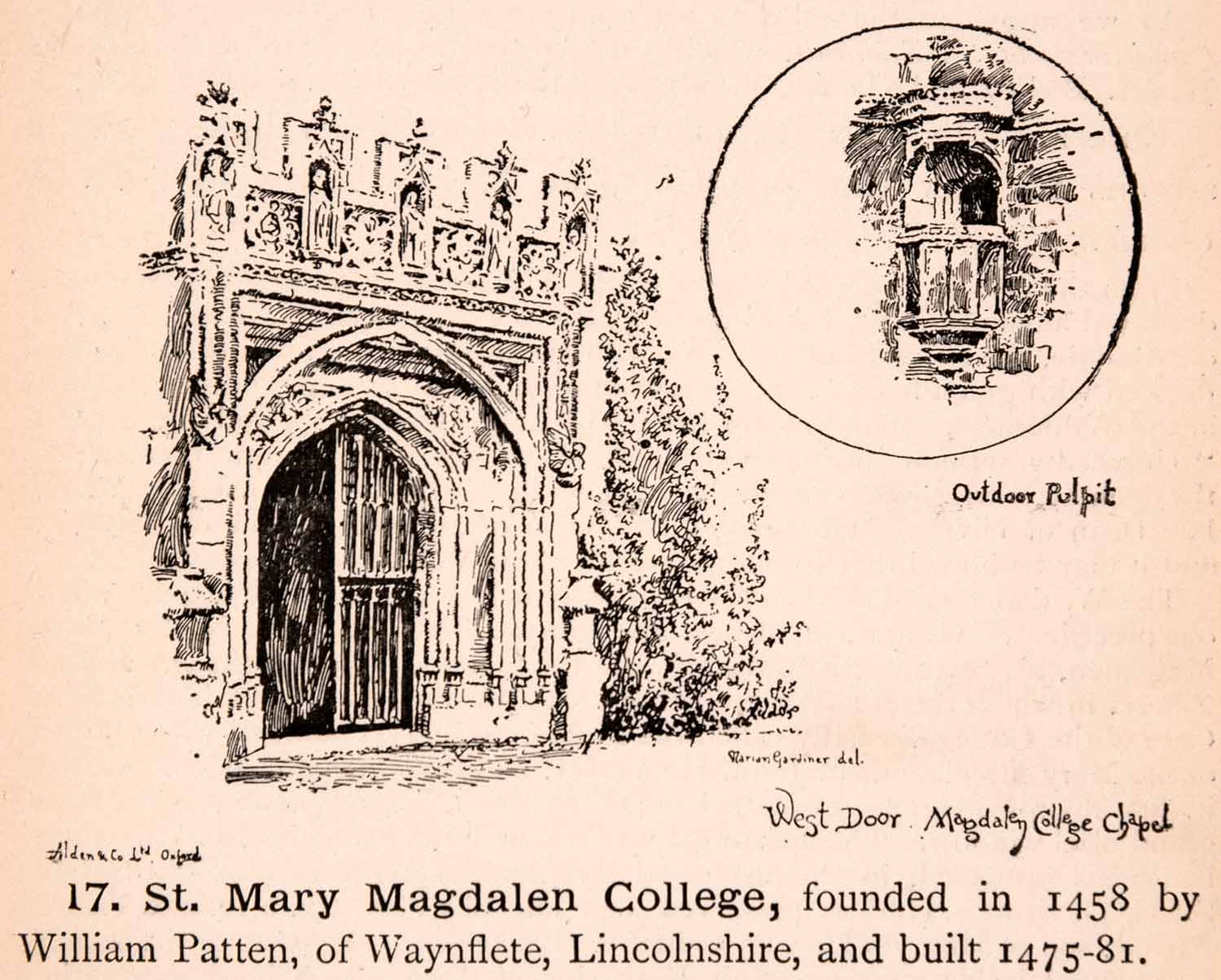 1900 Wood Engraving Magdalen College William Patten Wayneflete Pulpit XGCA4