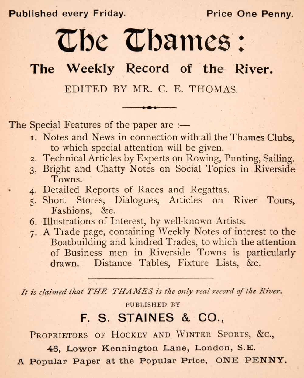 1900 Ad Thames Record Staines 46 Lower Kennigton Lane Regatta Editor C XGCA4