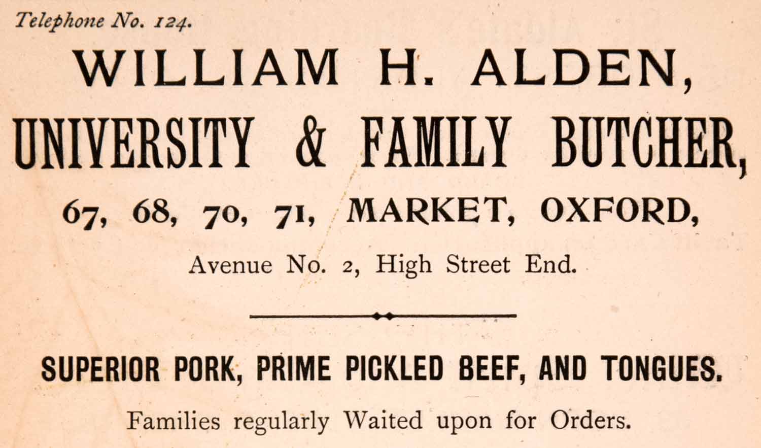 1900 Ad William Alden Family Butcher 67 Market Street Oxford Pickled Beef XGCA4