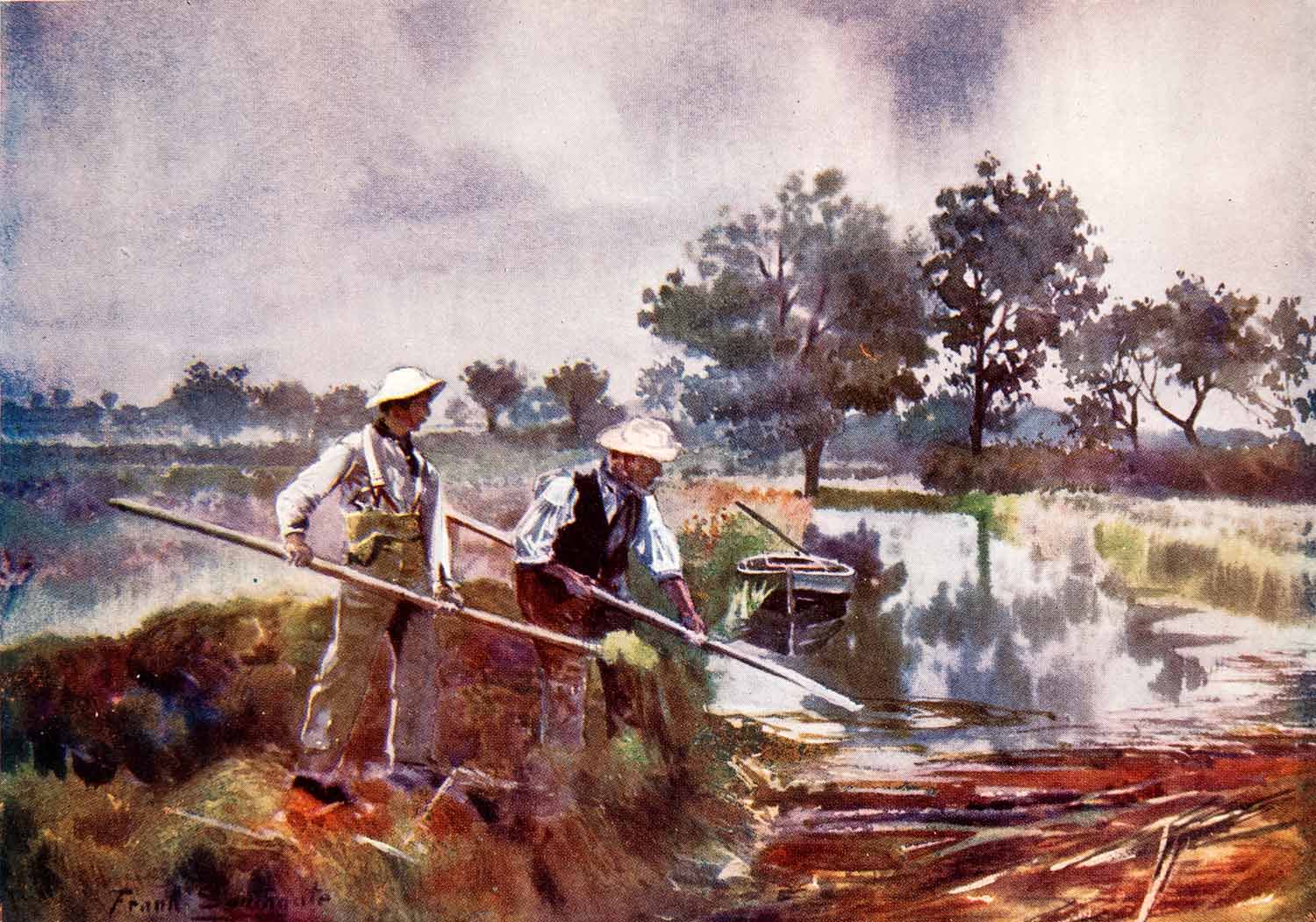 1906 Print Frank Southgate Marshmen Weed Lifting Marsh River Farming Boat XGCA5