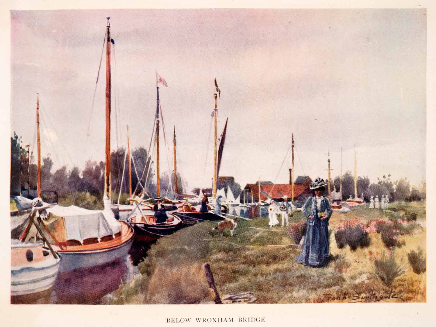 1906 Print Frank Southgate Wroxham Bridge Sailboats Sail Boat Harbor Marsh XGCA5