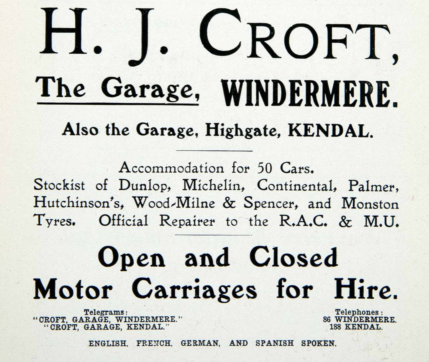 1912 Ad Windermere Kendal Highgate Garage Hotels England H. J. Croft XGCA7