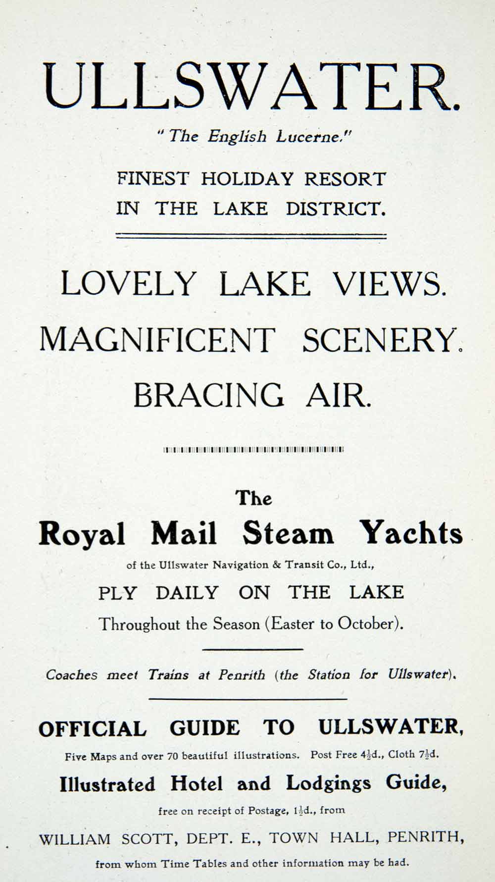 1912 Ad Ullswater Holiday Resort England Royal Mail Steam Cruise Lake XGCA7