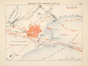1895 Lithograph Map Fr&#233;jus France River Reyran Port Agrippa Railroad XGCA8