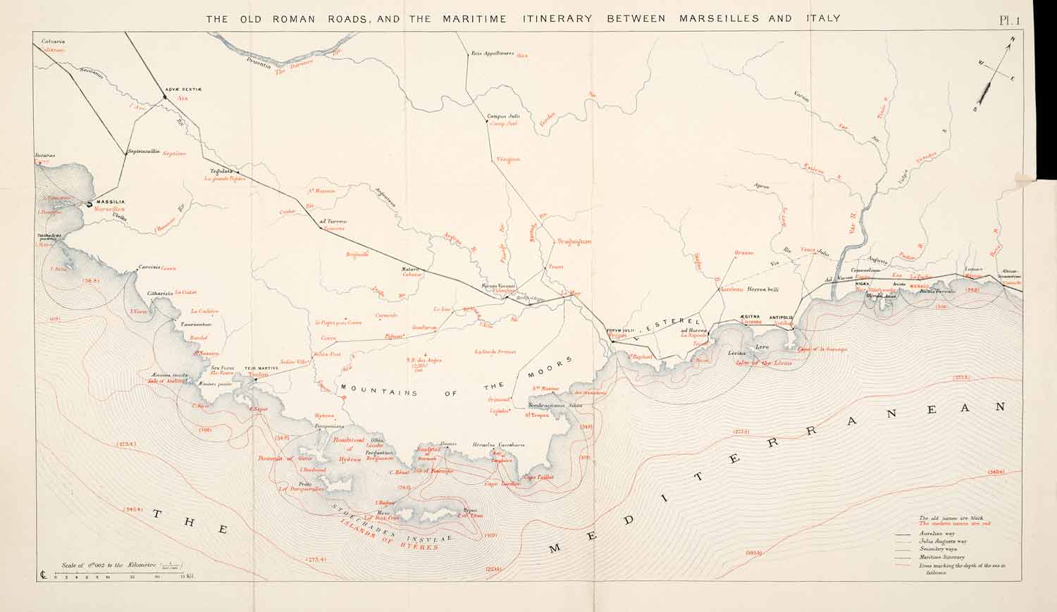 1895 Lithograph Maps Mediterranean France Italy Roman Roads Maritime Route XGCA8