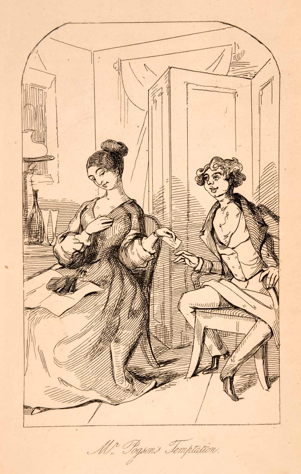 1872 Wood Engraving Pogsons Temptation William Makepeace Thackeray Romance XGCA9