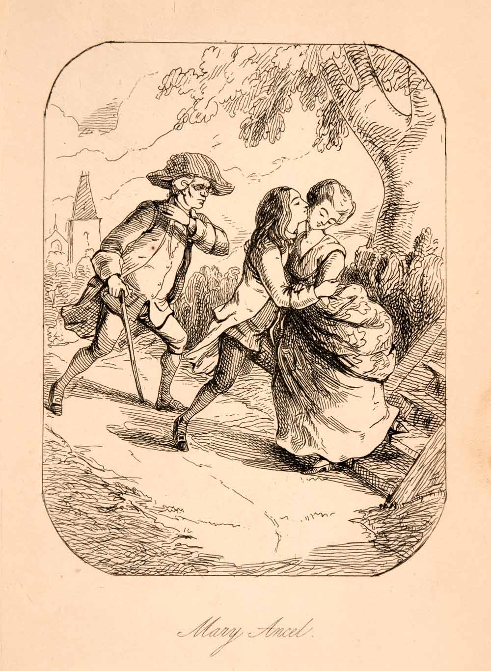 1872 Wood Engraving Mary Ancel William Makepeace Thackeray Love Romance XGCA9