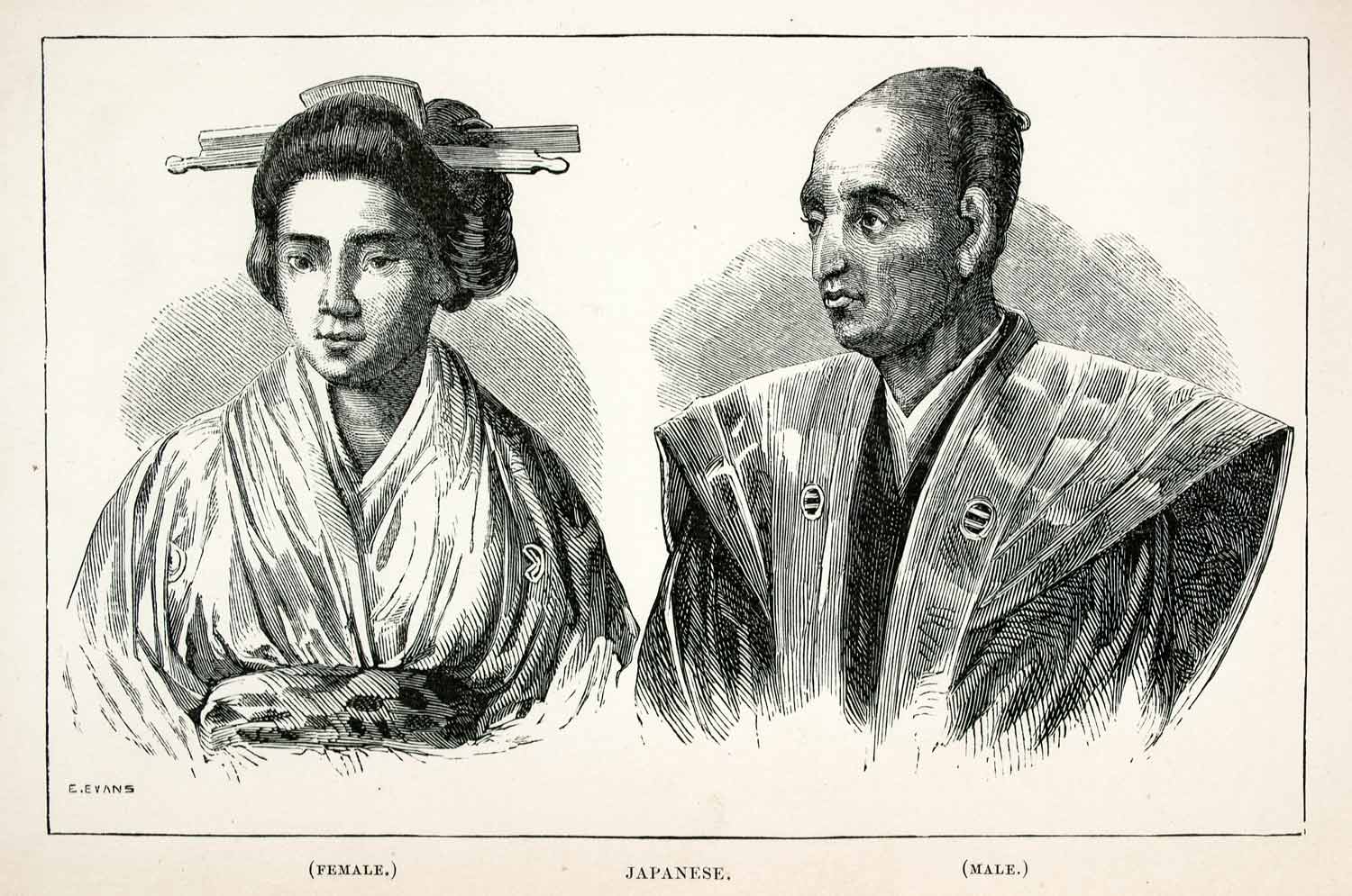 1859 Wood Engraving Portrait English Male Female Man Woman Edo Period XGCB2, image size:1500x995