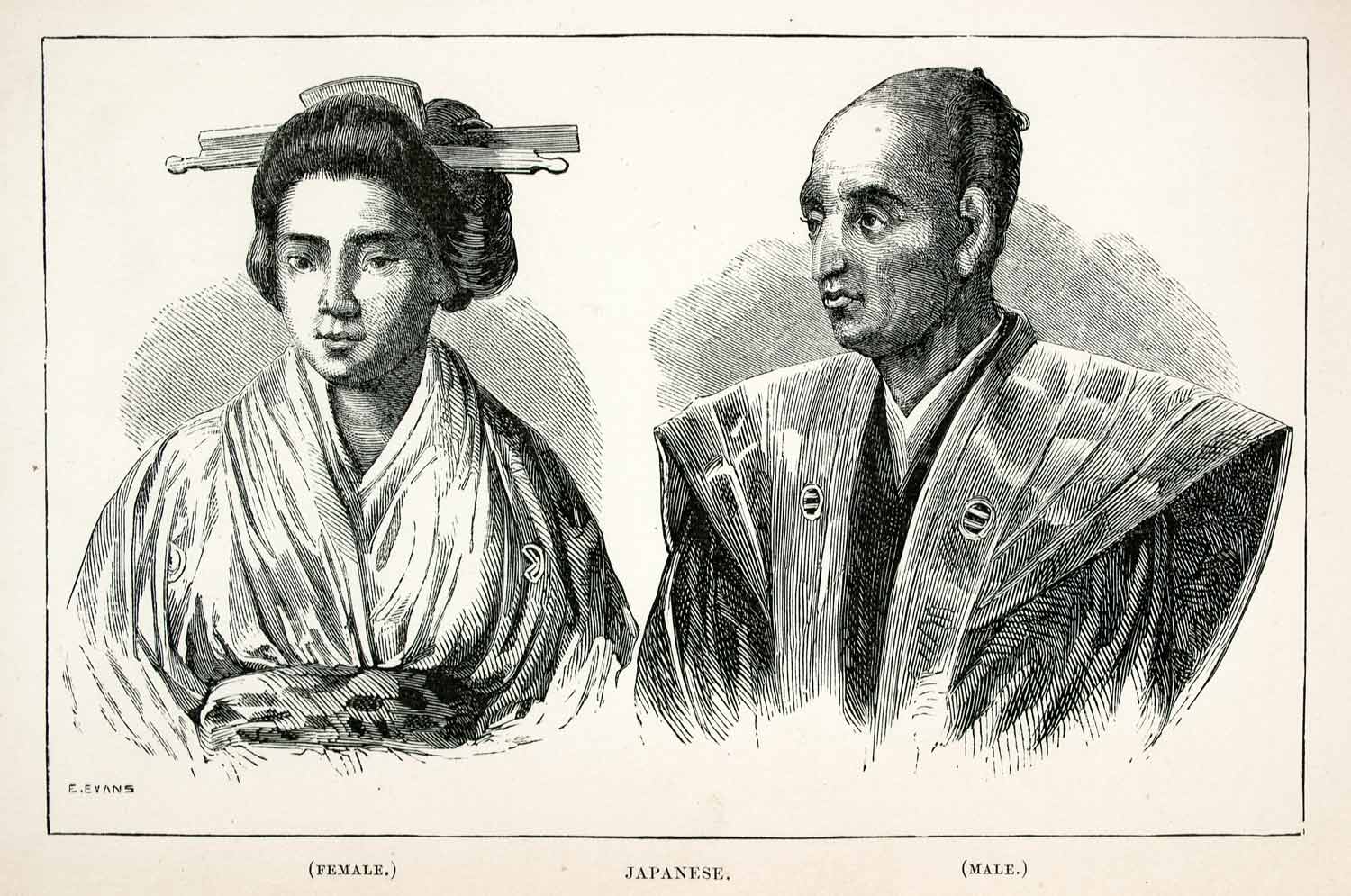 1859 Wood Engraving Portrait English Male Female Man Woman Edo Period XGCB2