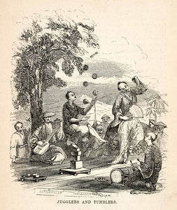 1859 Wood Engraving Japanese Performers Jugglers Tumblers Drums Shamisen XGCB2