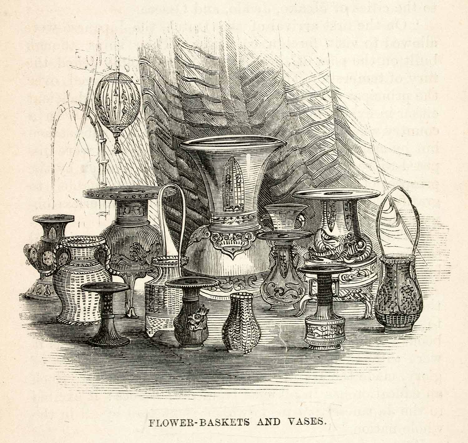 1859 Wood Engraving Ornamental Vase Flower Baskets Temple Japanese Edo XGCB2