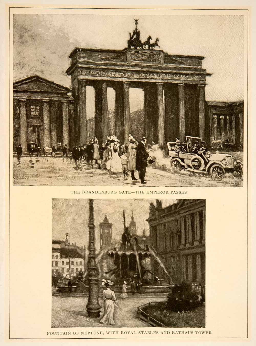 1909 Photolithograph Berlin Germany Brandenburg Gate Fountain Neptune City XGCB3