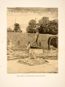 1909 Photolithograph Hans Herrmann Statue Archer Old Wind Mill Potsdam Art XGCB3