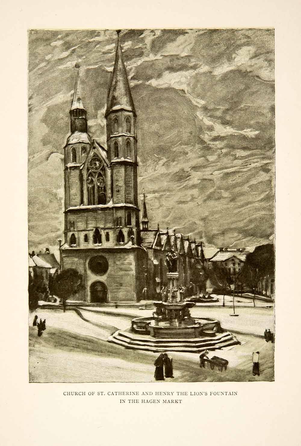 1909 Photolithograph Church St Catherine Henry Lion Fountain Hagen Market XGCB3