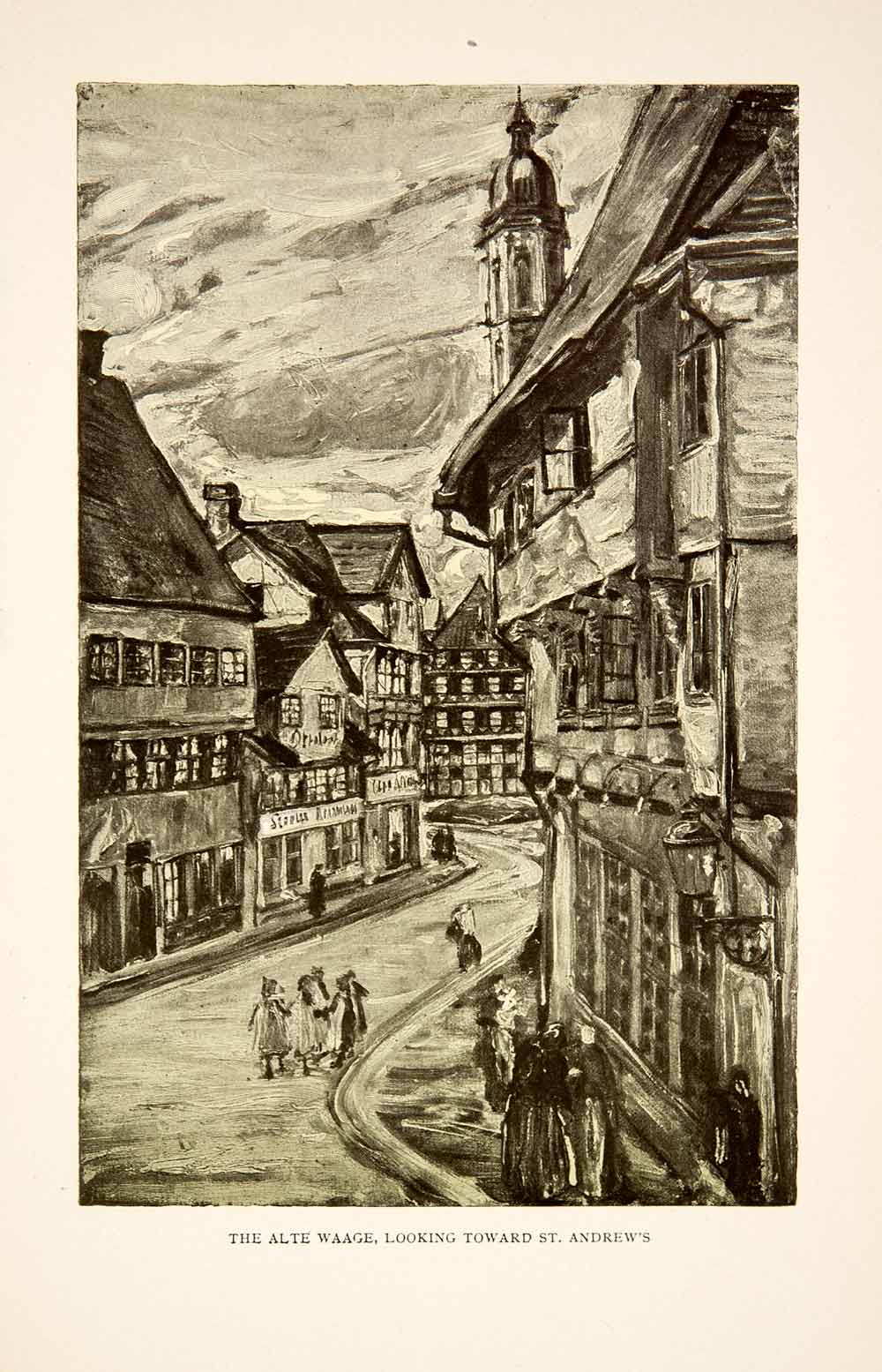 1909 Photolithograph Alte Waage Church Half-Timbered House Street St XGCB3