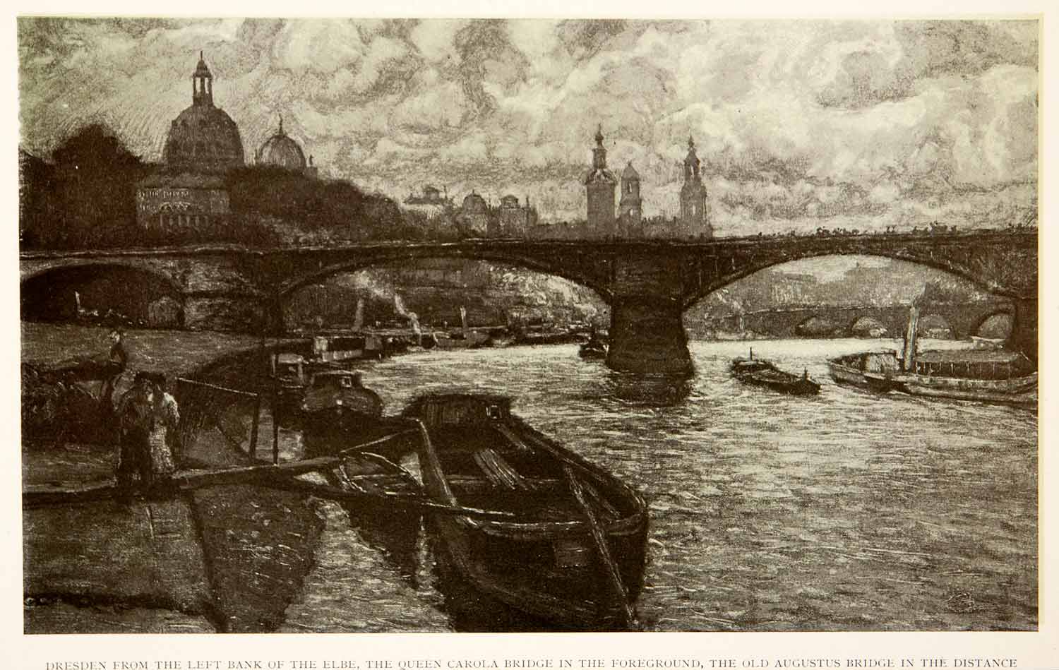 1909 Photolithograph Dresden Germany Elbe Queen Carola Old Augustus Bridge XGCB3