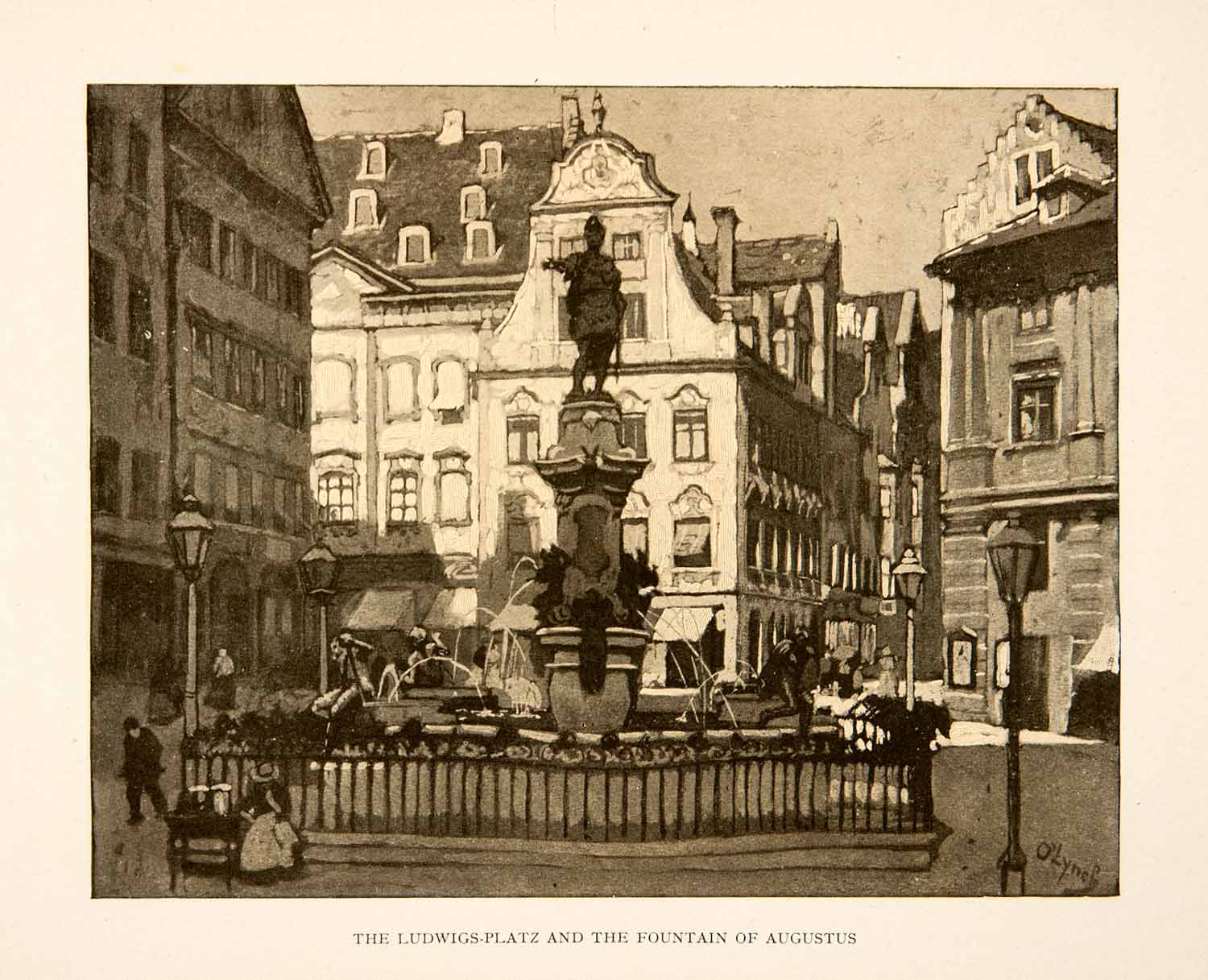 1909 Photolithograph Augsburg Germany Ludwigsplatz Fountain Augustus XGCB3