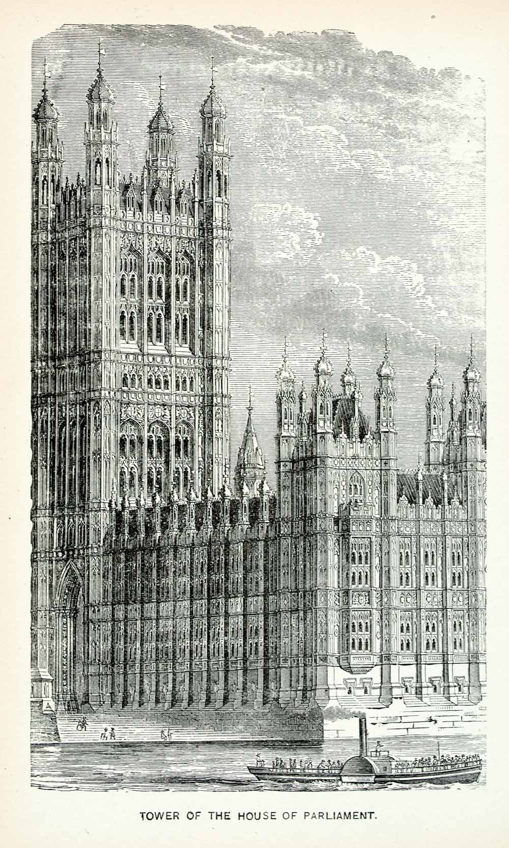 1888 Wood Engraving Victoria Tower House Parliament Westminster Palave XGCB5