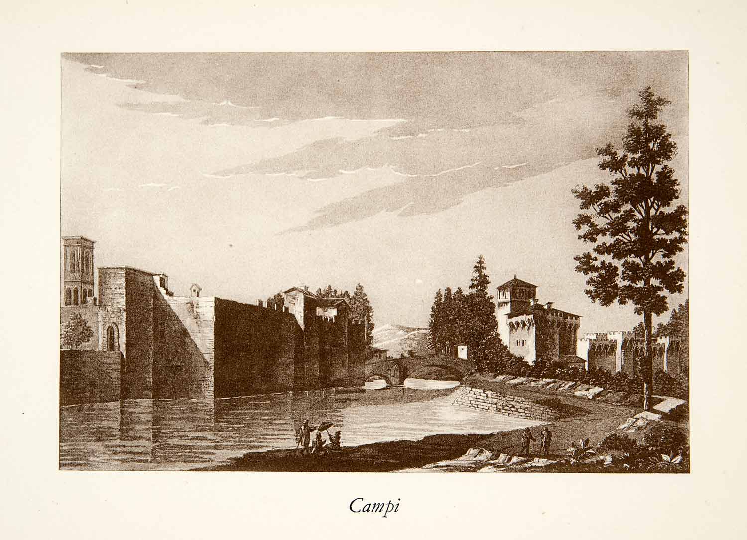 1926 Photogravure Campi Italia Italy River Bridge Wall Fortress Castle XGCB6