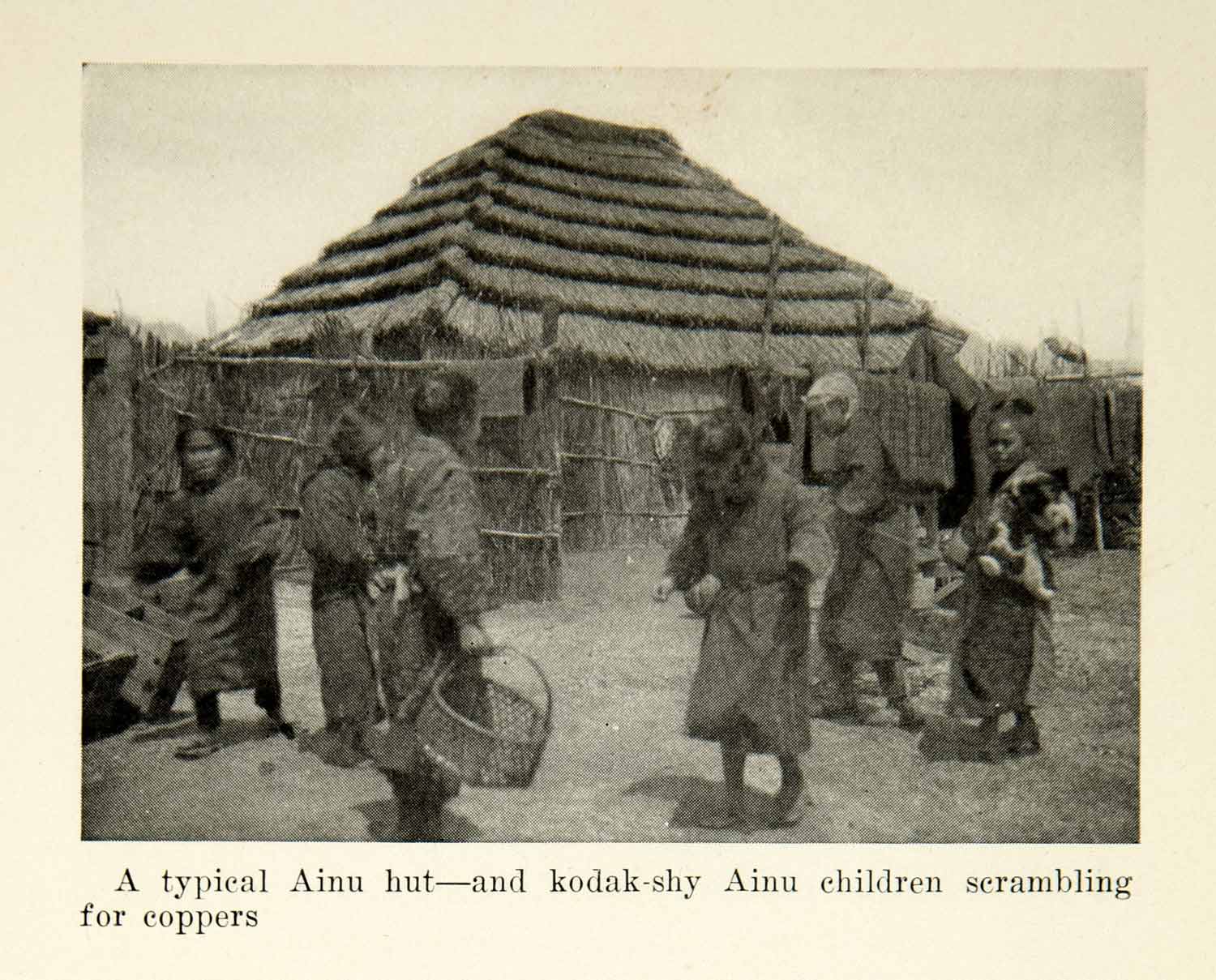 1924 Print Ainu Hut Home Indigenous Children Japan Copper Cityscape Thatch XGCD4