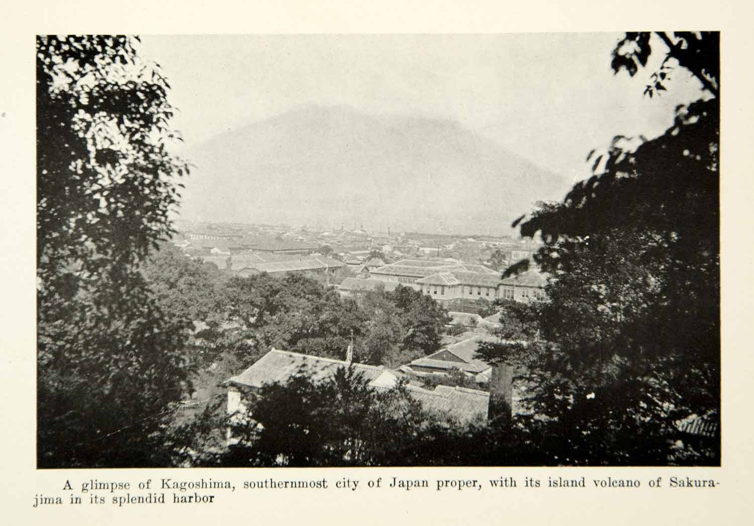 1924 Print Kagoshima Japan Cityscape Volcano Sakurajima Mountain Scenery XGCD4