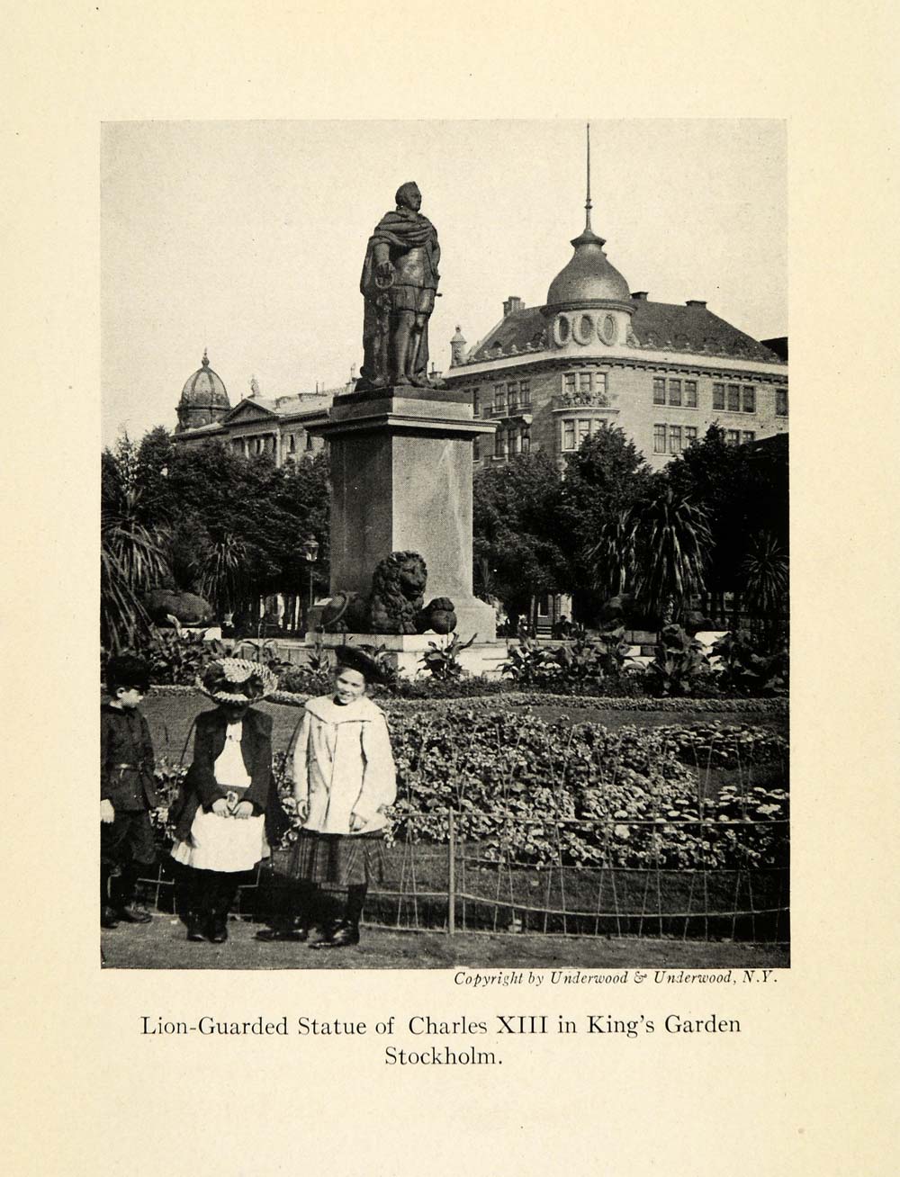 1918 Print King Charles Kungstradgarden Garden Stockholm Sweden Statue Lion XGD3