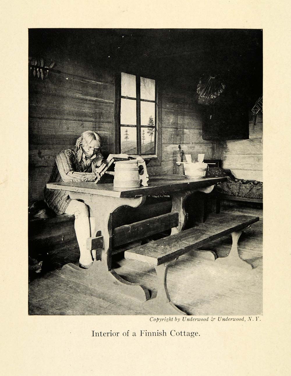 1918 Print Finnish Cottage Finland Portrait Interior Home Scandinavia Table XGD3