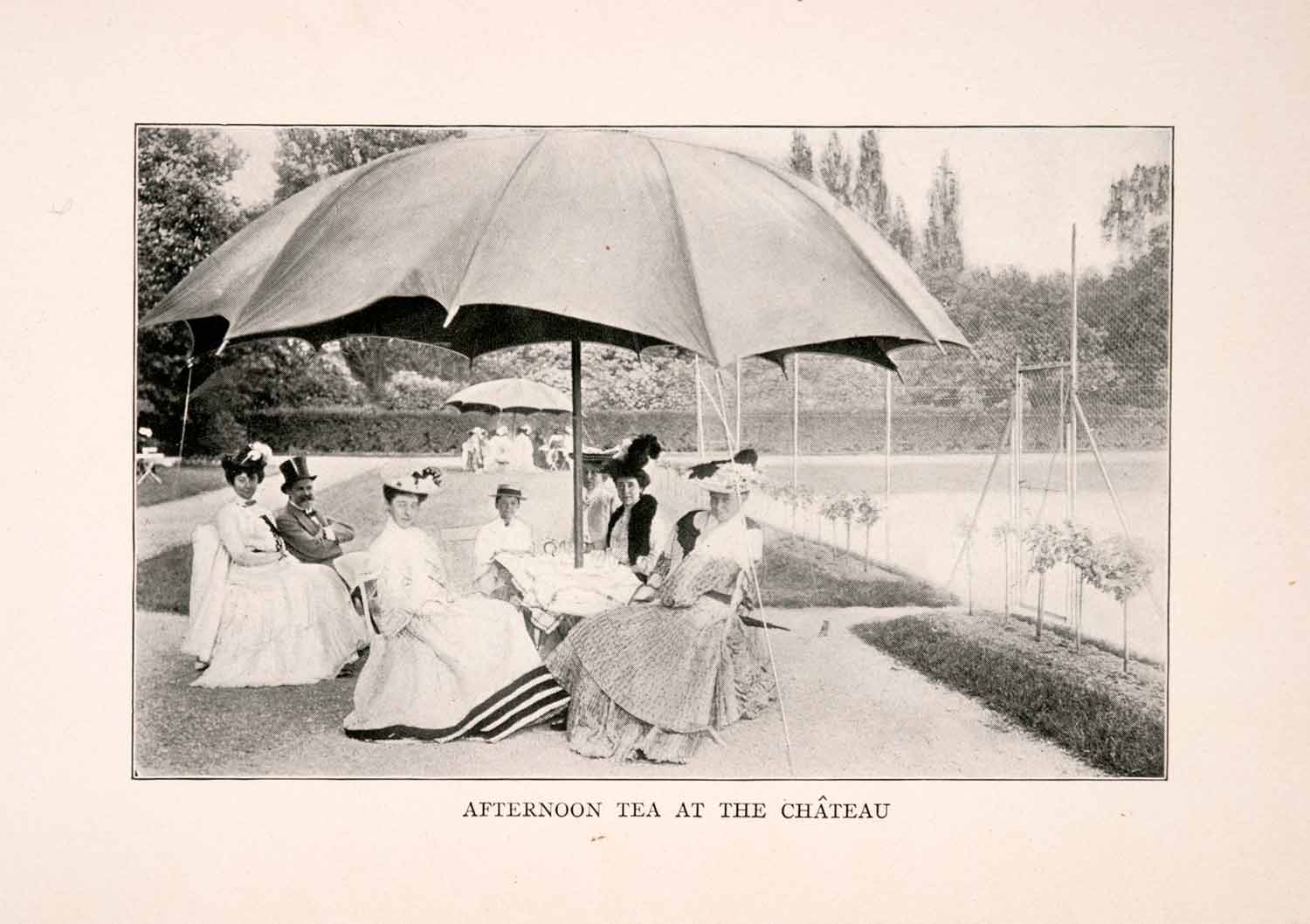 1905 Print Afternoon Tea Chateau France Ladies Costume Fashion Umbrella XGDA1