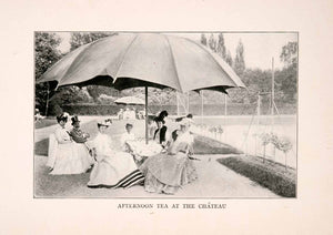 1905 Print Afternoon Tea Chateau France Ladies Costume Fashion Umbrella XGDA1